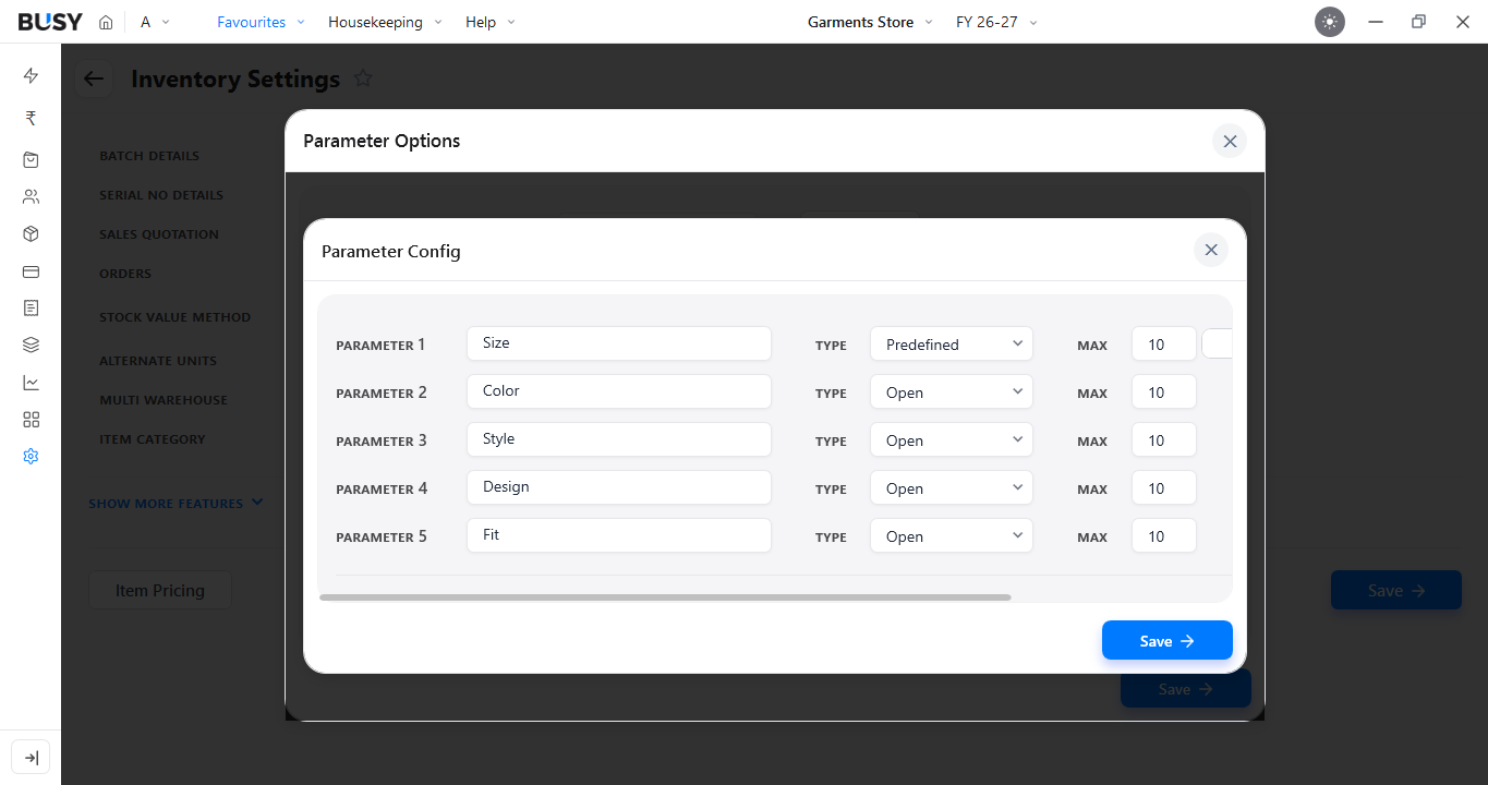 Parameter Config window with size, colour, style, design and fit