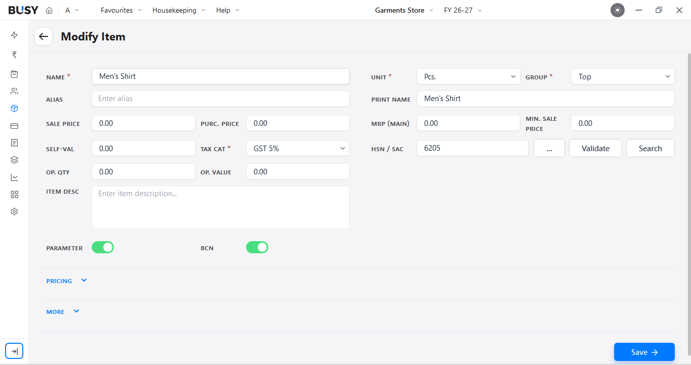 Parameter and BCN options enabled in the item master