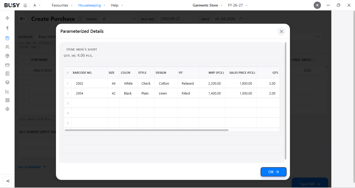 Entering barcode, size, colour and price details in a purchase invoice