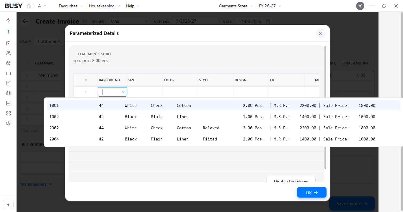 Selecting the required variant from the parameter dropdown in a sales invoice