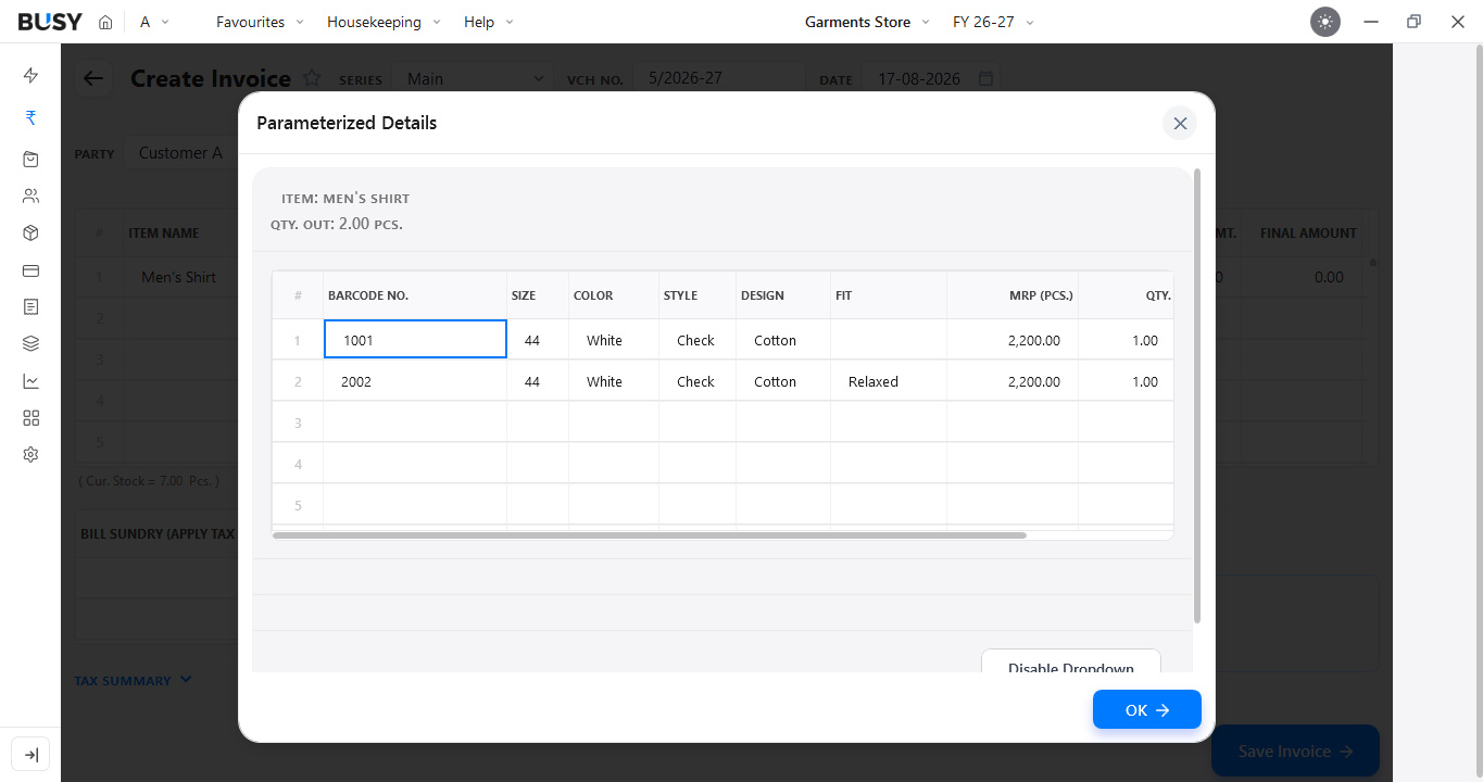 Selected variant details filled in the sales invoice