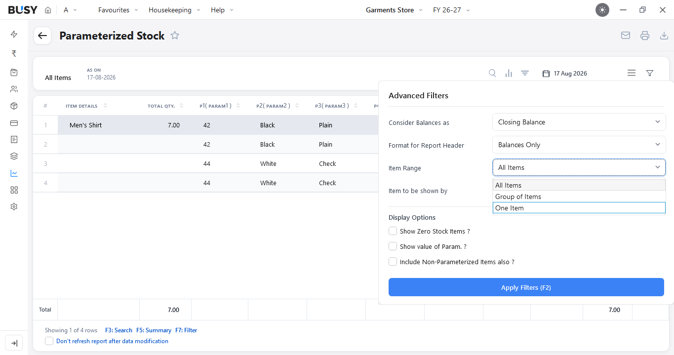 Advanced Filters options in the Parameterized Stock report