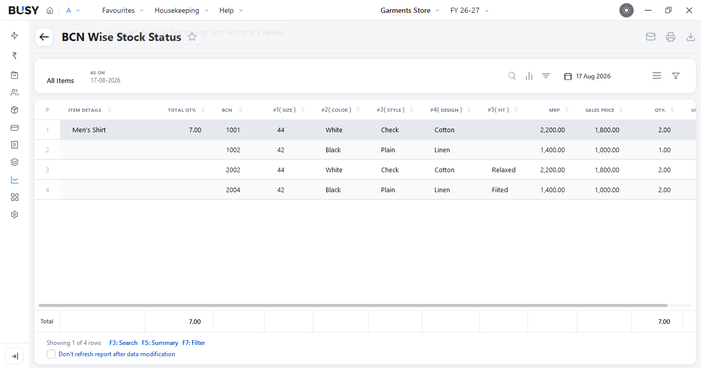 BCN Wise Stock Status report in BUSY