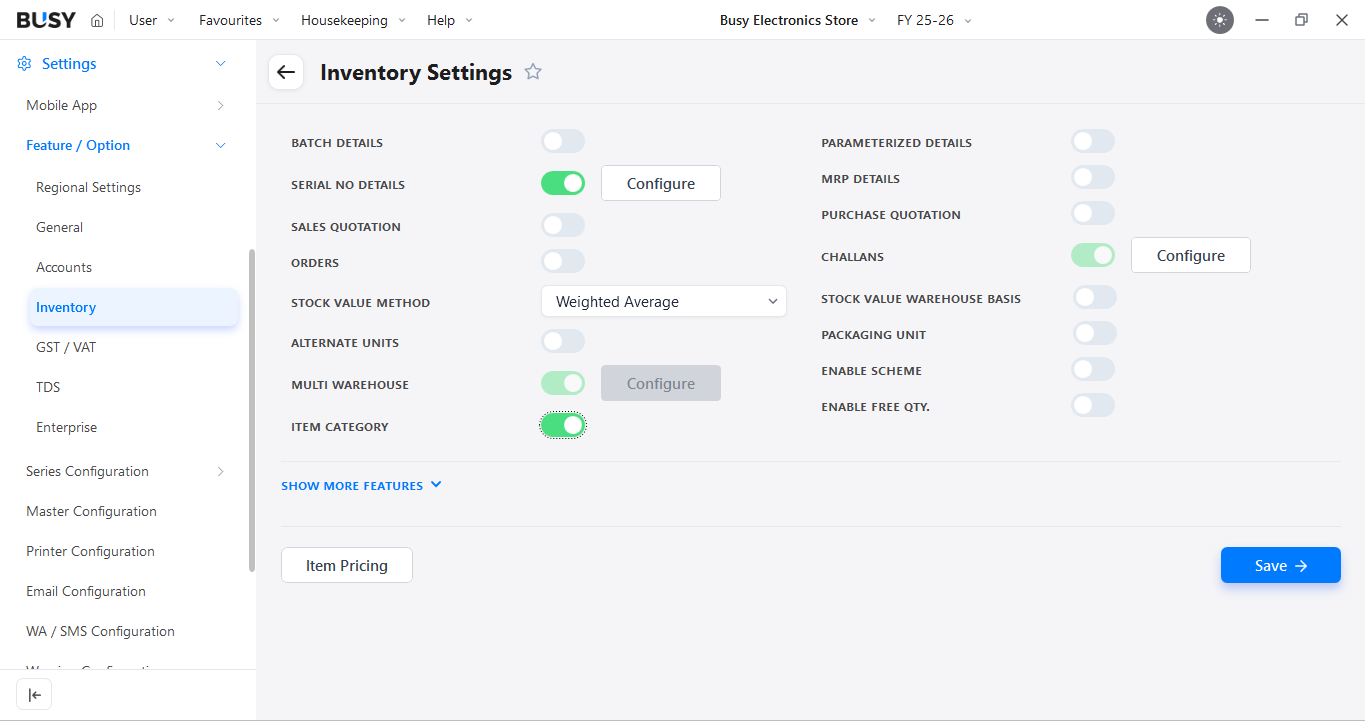 Serial No. Details enabled in BUSY Inventory Settings