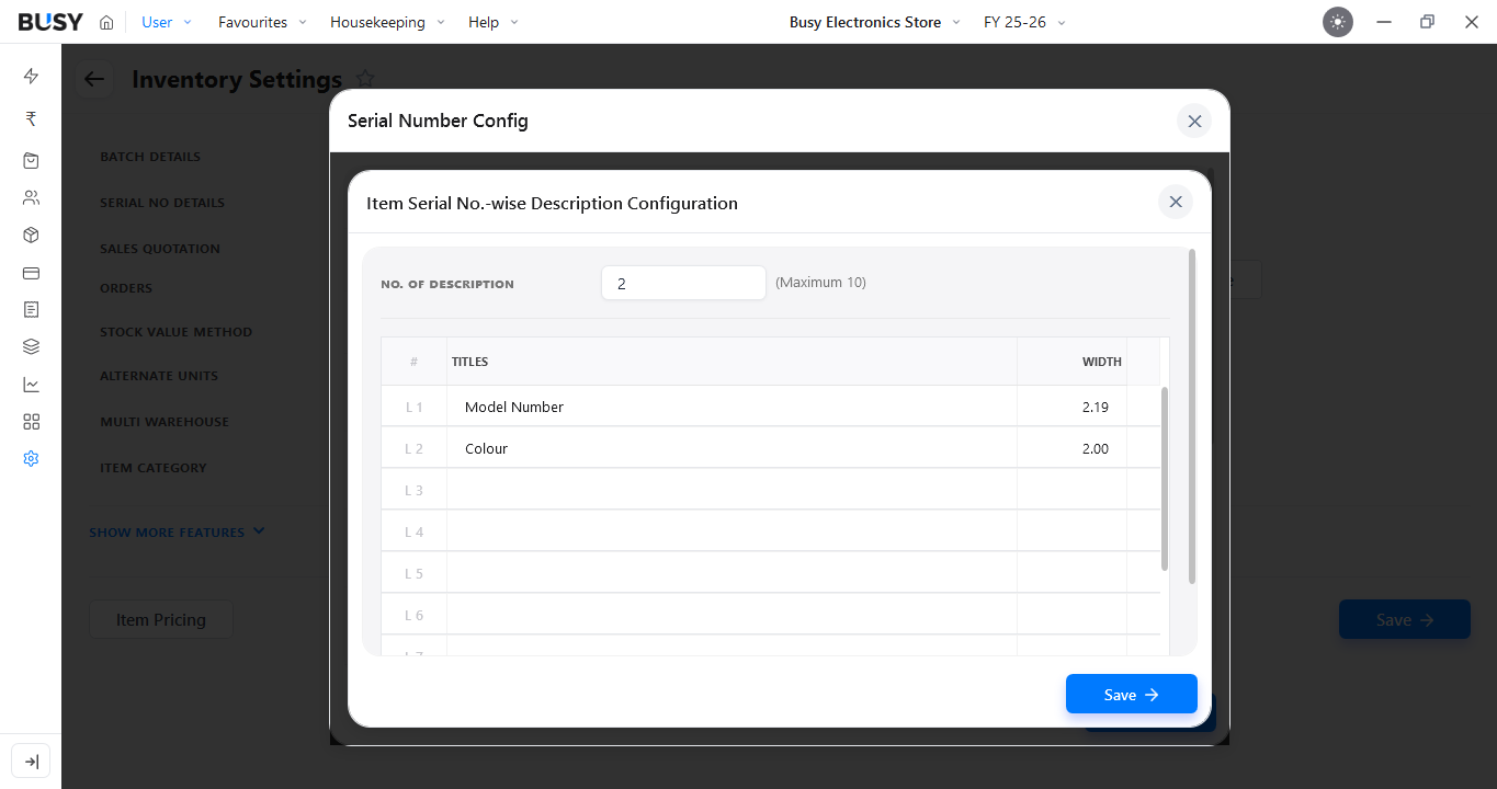 Item Serial No.-wise Description Configuration in BUSY