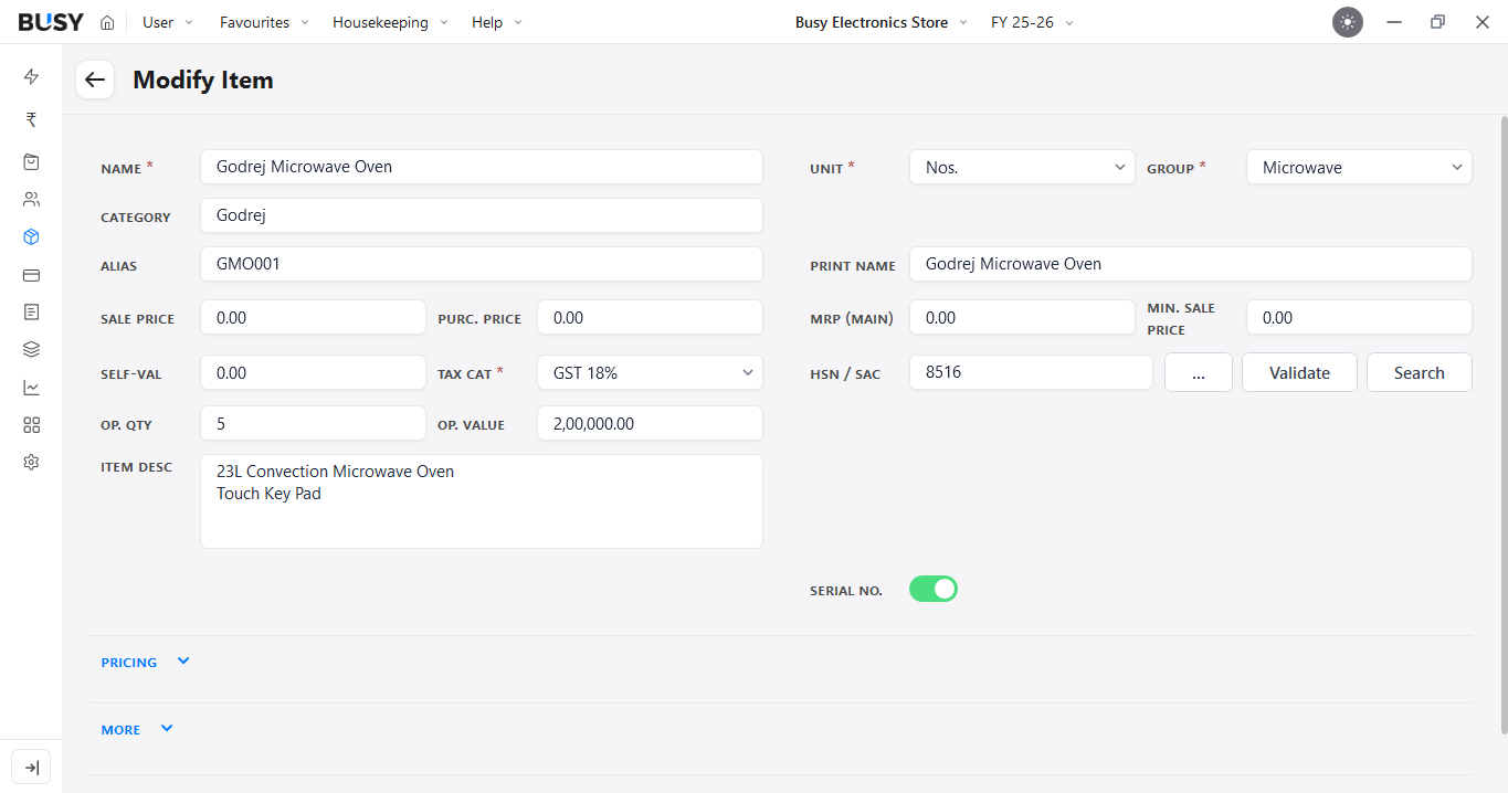 Serial No. option enabled while creating an item in BUSY