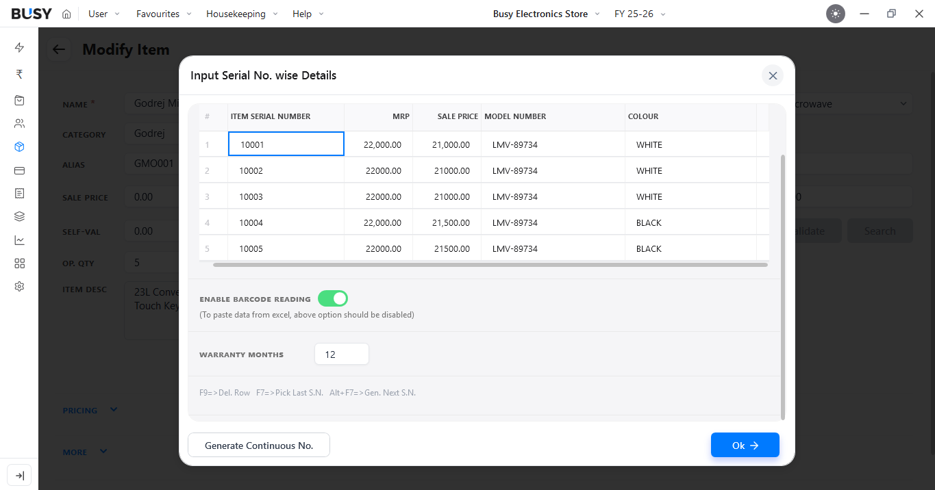 Input Serial No. wise Details window in BUSY