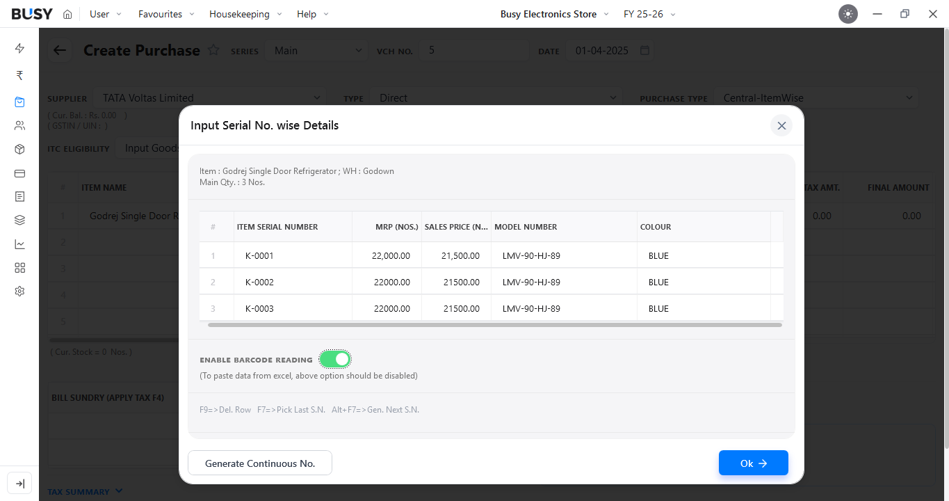 Entering serial numbers while creating a purchase voucher in BUSY
