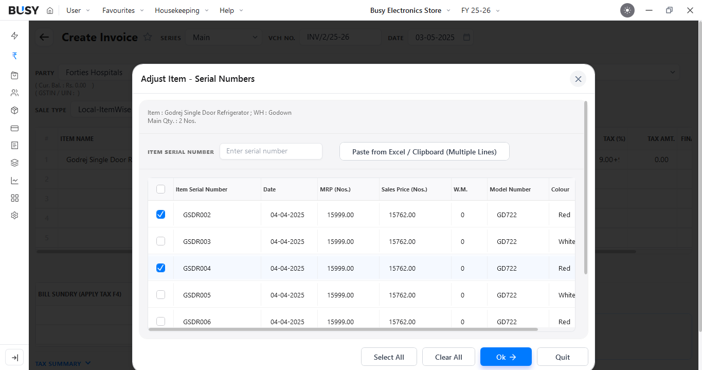 Creating a sales invoice for a serial number tracked item in BUSY