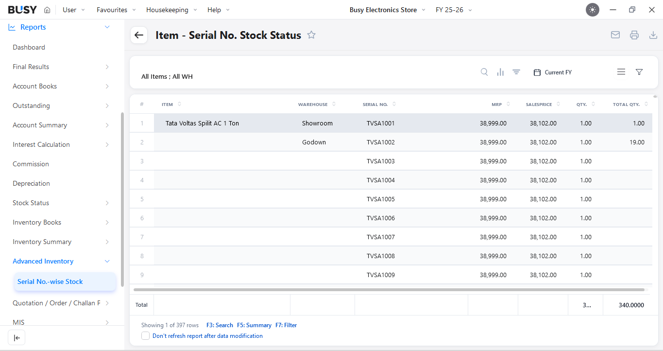 Serial No.-wise Stock report in BUSY