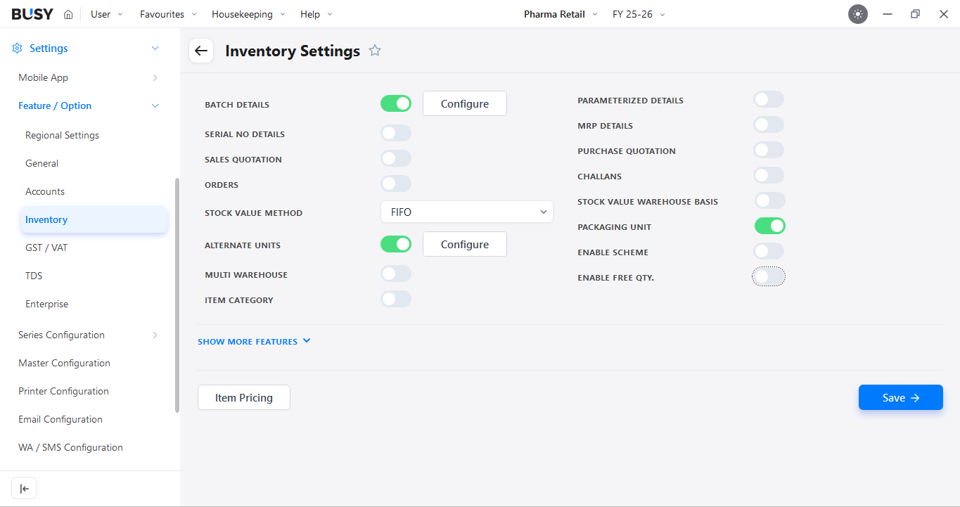 Alternate Units enabled in BUSY Inventory Settings