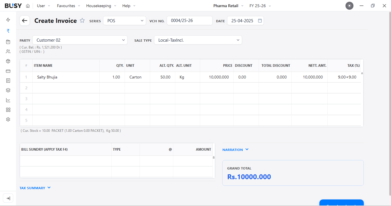 Voucher entry in the packaging unit with automatic quantity conversion