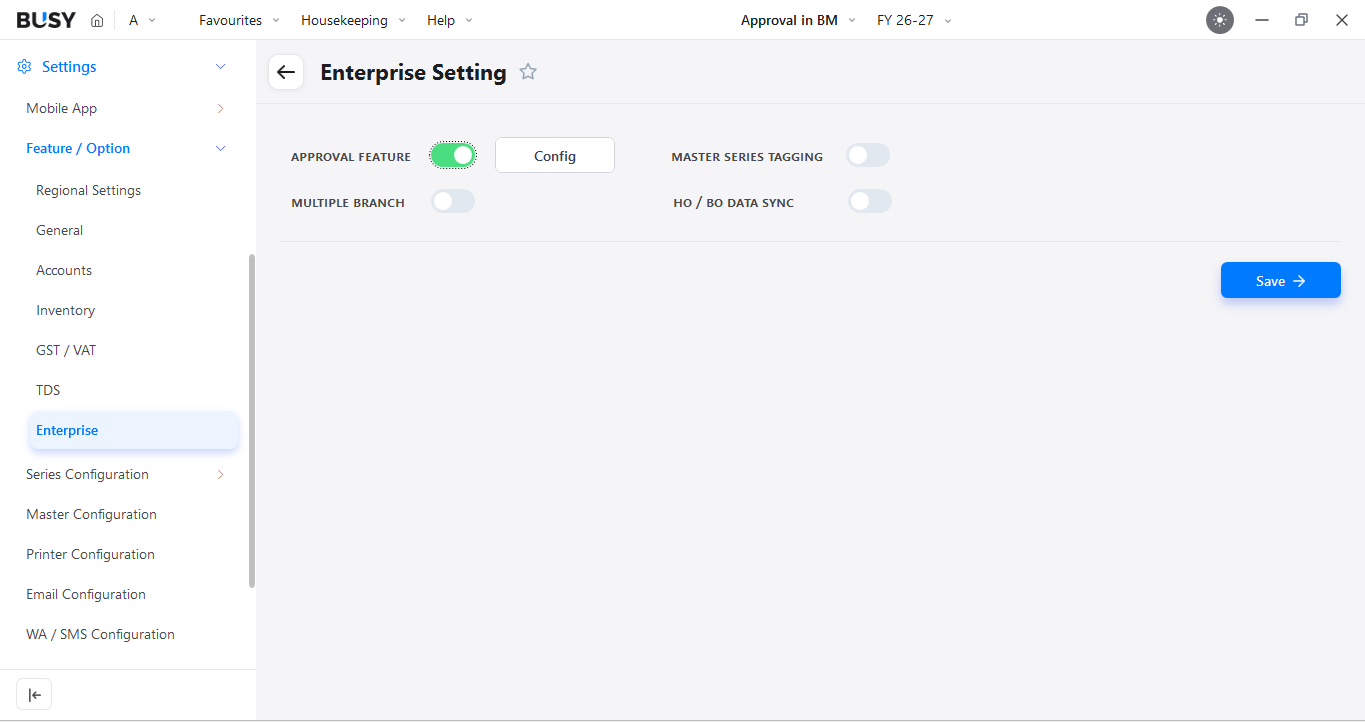 Approval feature enabled under Enterprise settings in BUSY