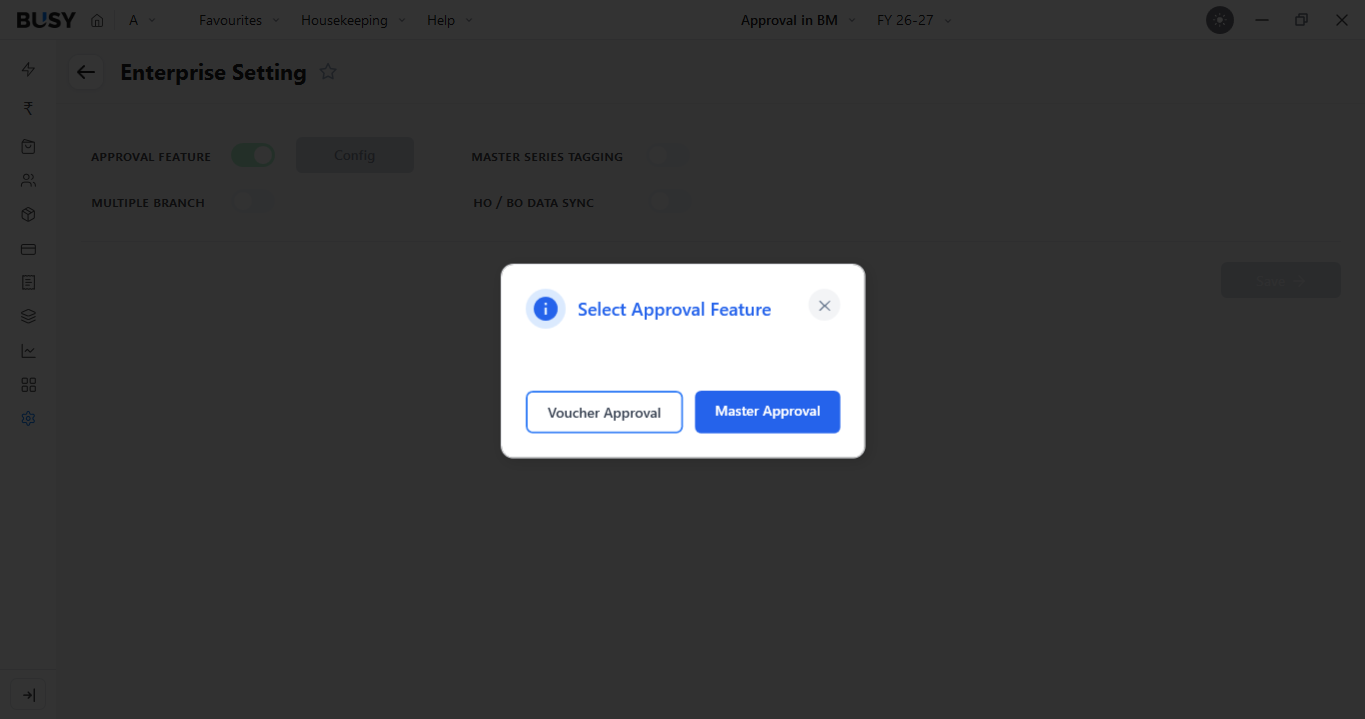 Select Approval Feature window with voucher and master options