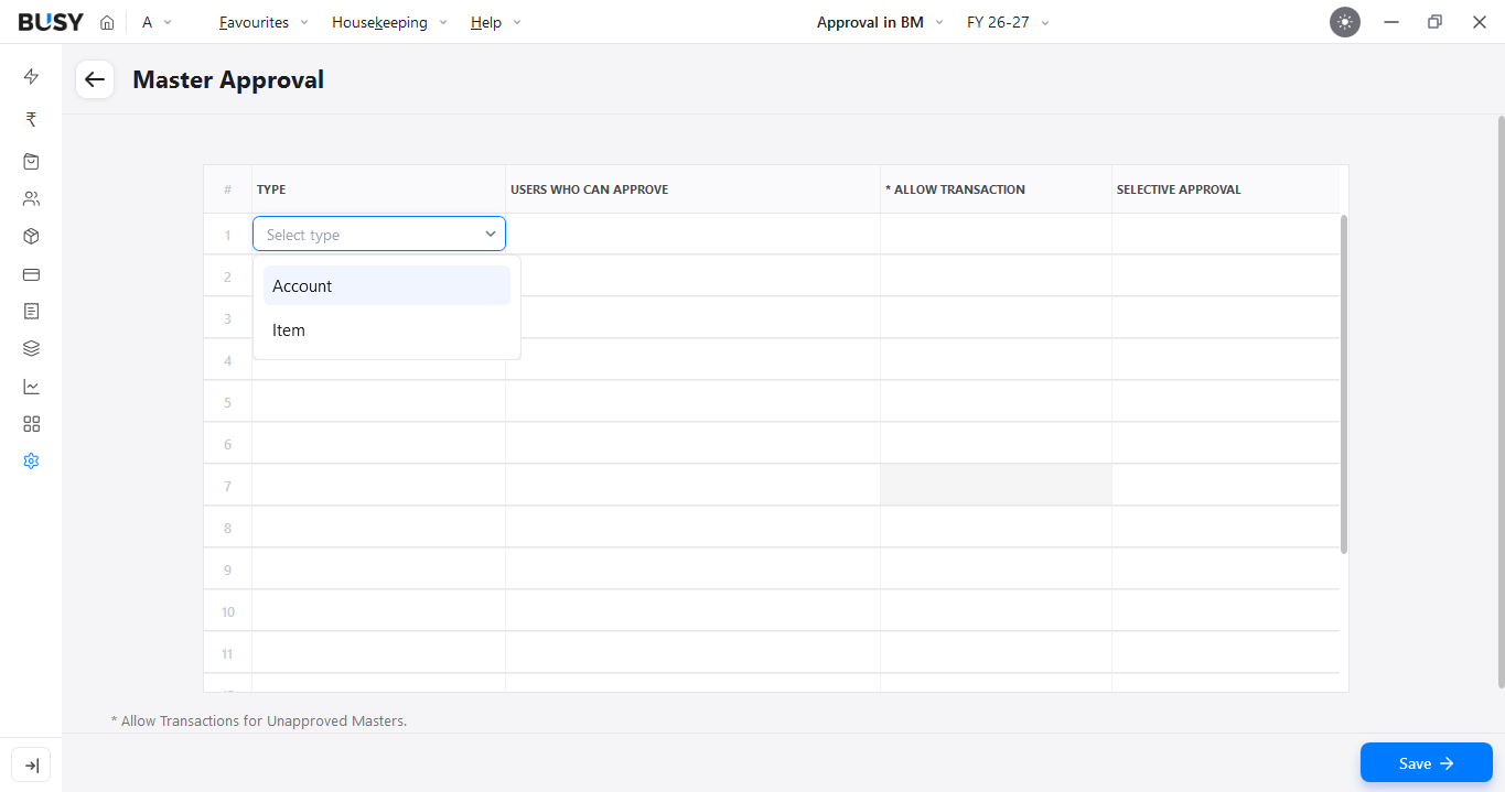 Selecting account or item as the master type for approval