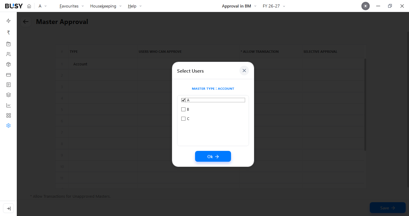Selecting users who can approve masters in BUSY