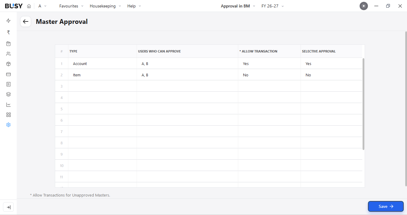 Saved master approval configuration for account and item
