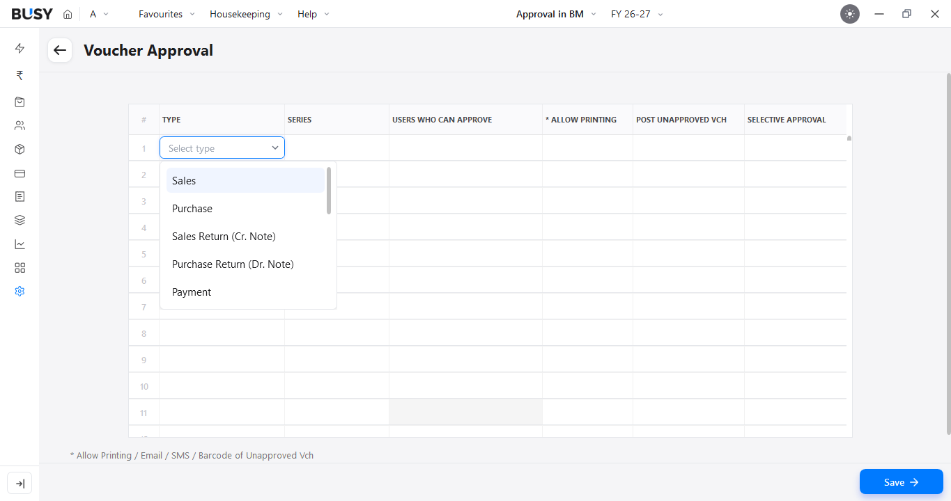 Selecting the voucher type for approval in BUSY