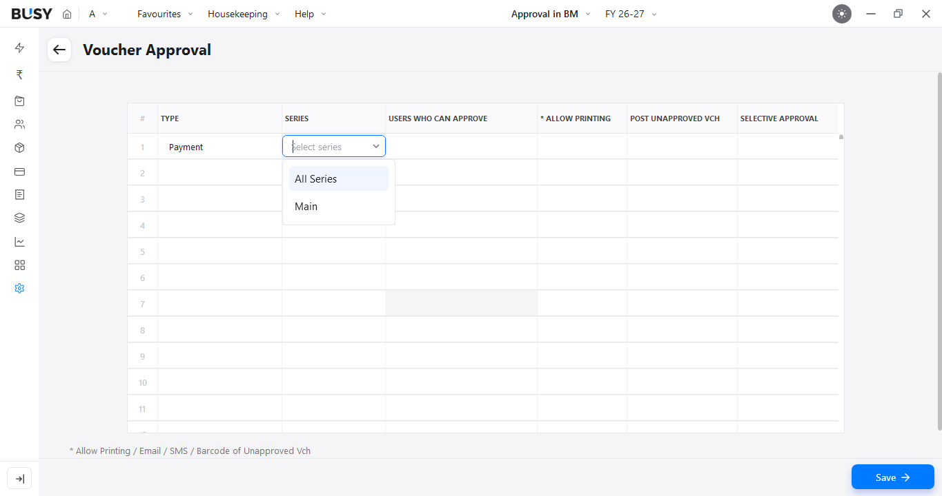 Selecting the voucher series for approval