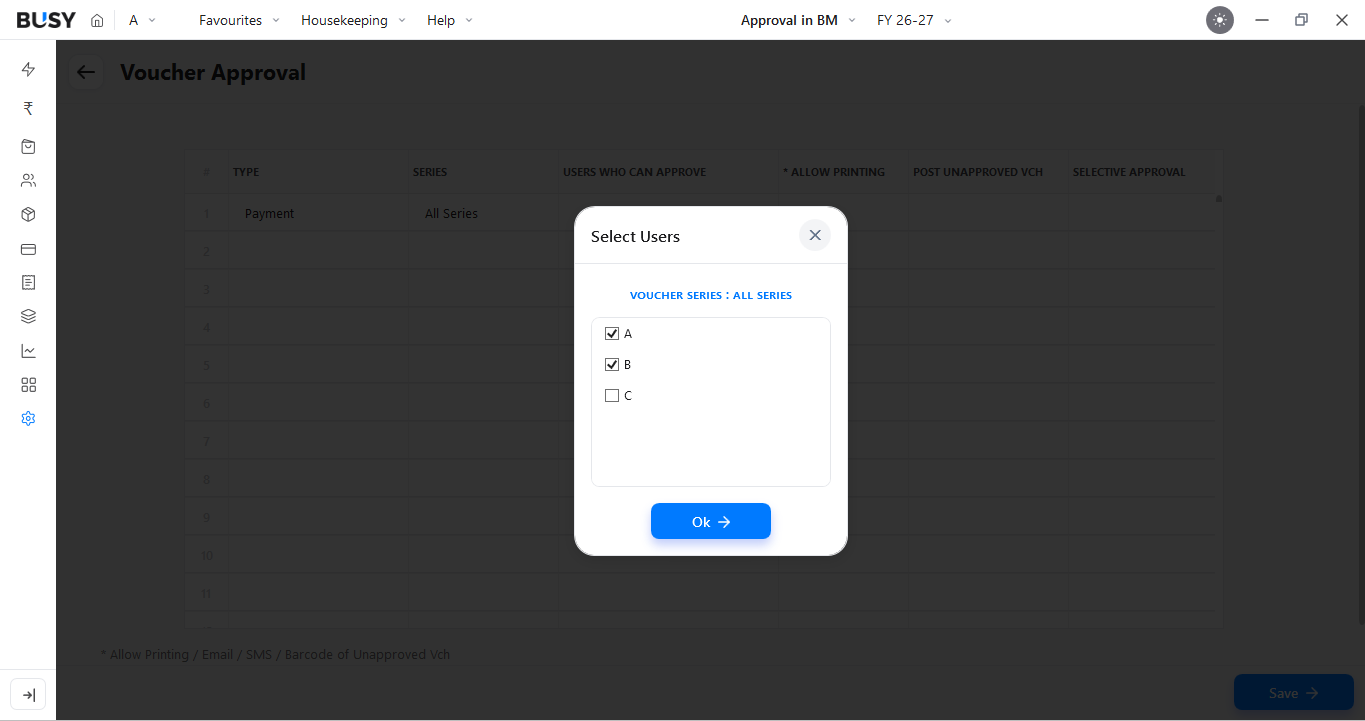 Selecting users who can approve vouchers in BUSY