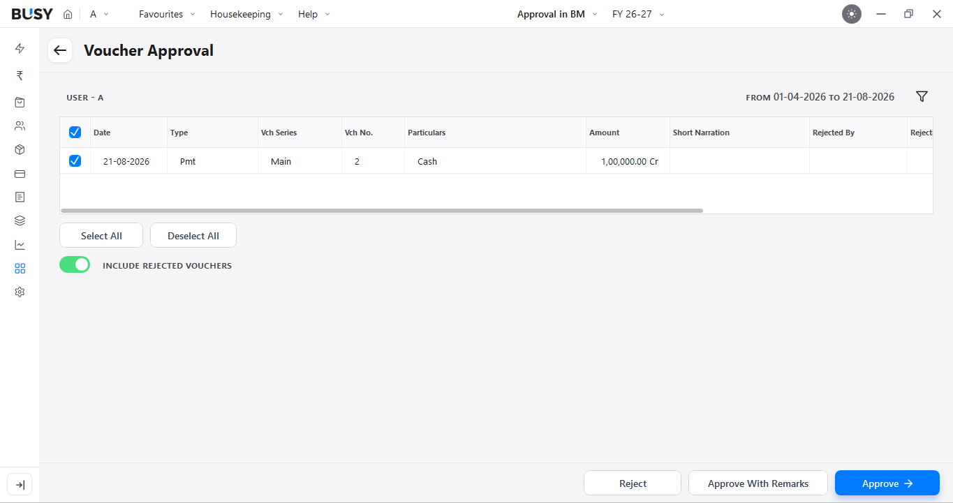 Selecting pending vouchers for approval in BUSY