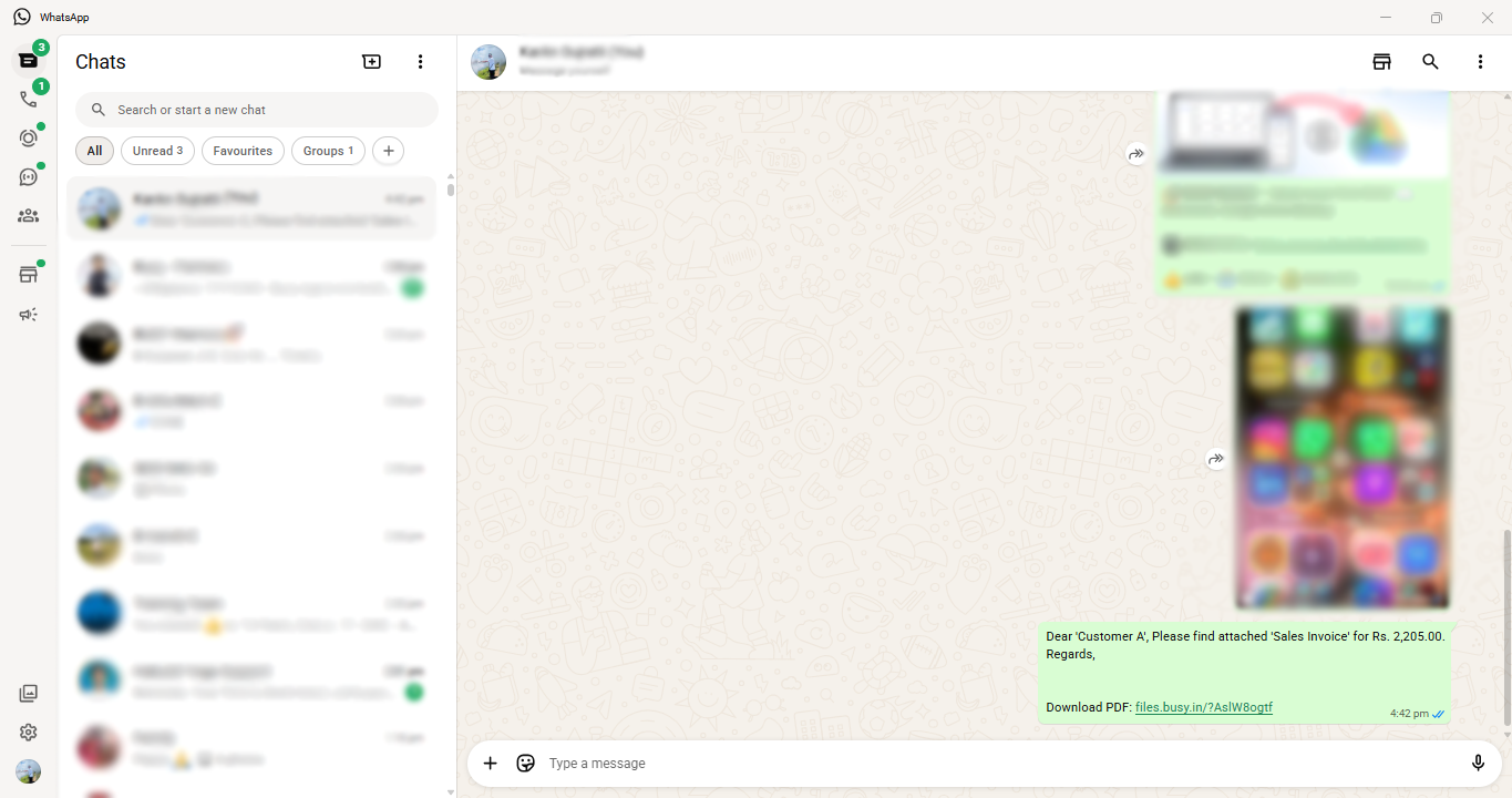 Invoice link shared with the customer on WhatsApp Desktop