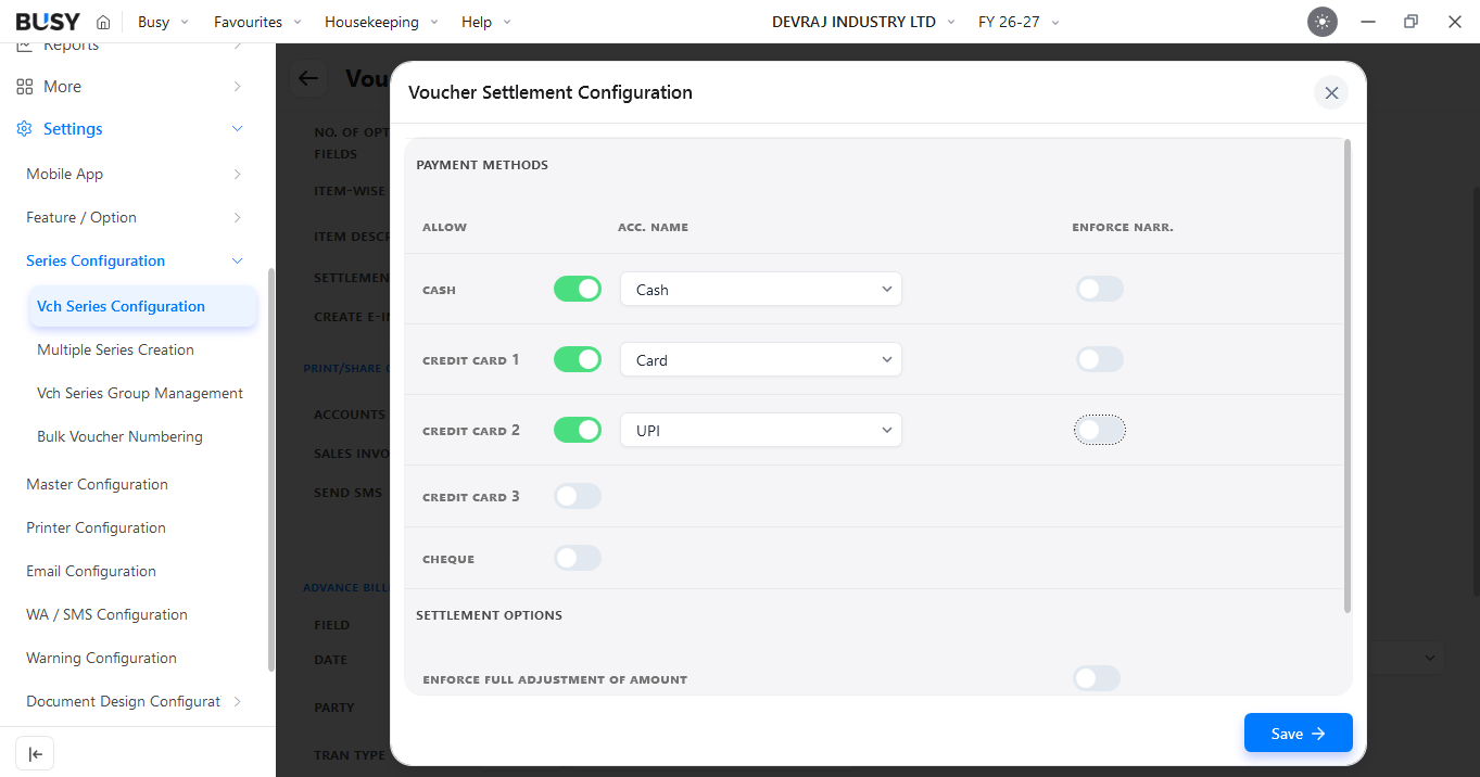 Voucher Settlement Configuration with Cash, Card and UPI payment modes