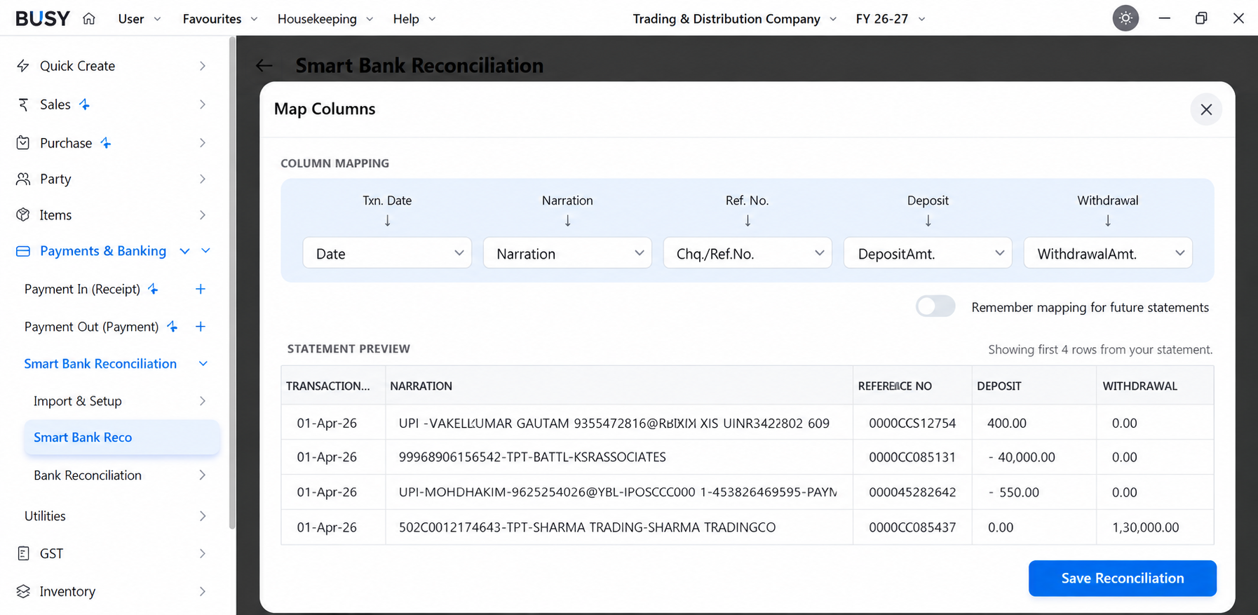 Smart Bank Reconciliation mapping interface in BUSY