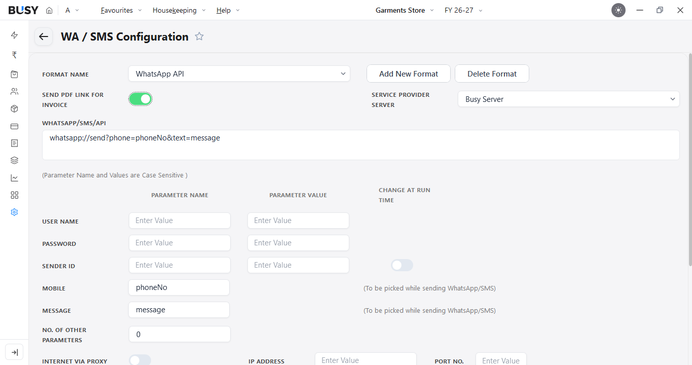 WA / SMS Configuration screen in BUSY