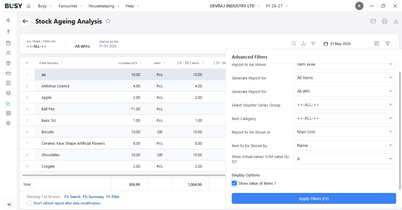 Show Value of Items option in the Stock Ageing report