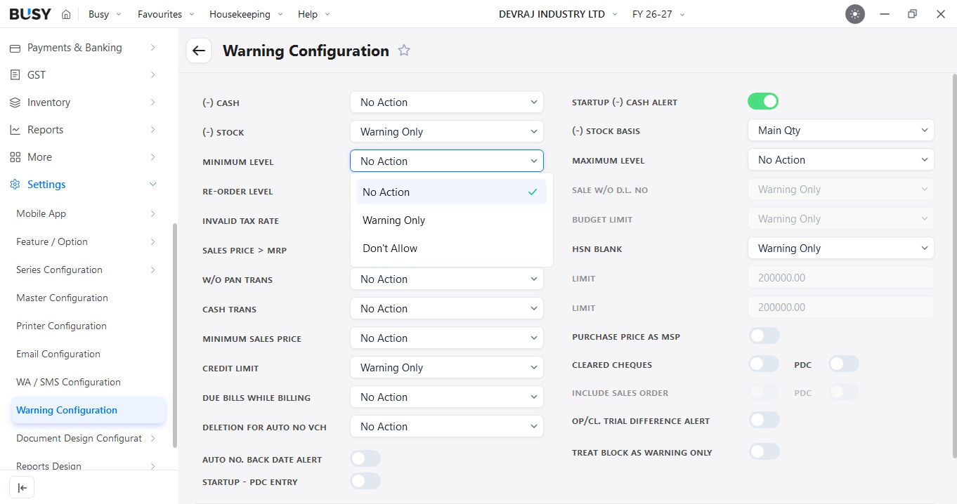 Warning Configuration for stock levels in BUSY