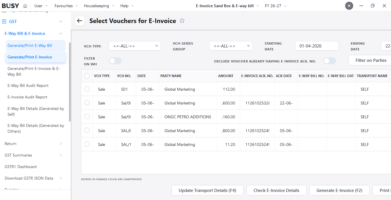 Track generated and pending e-invoices and auto-update GSTR-1 in BUSY