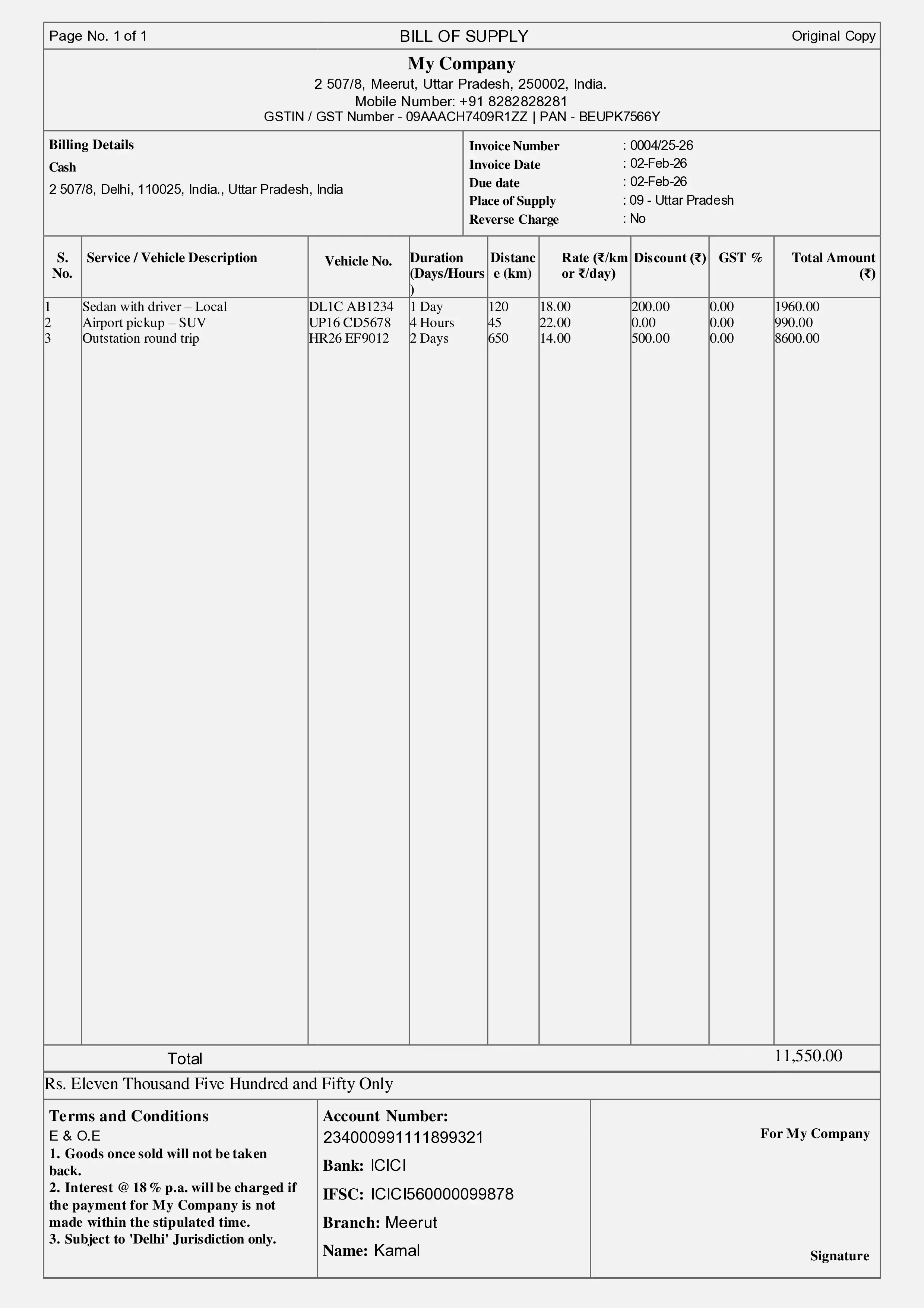 Vehicle Rental Bill Format Preview