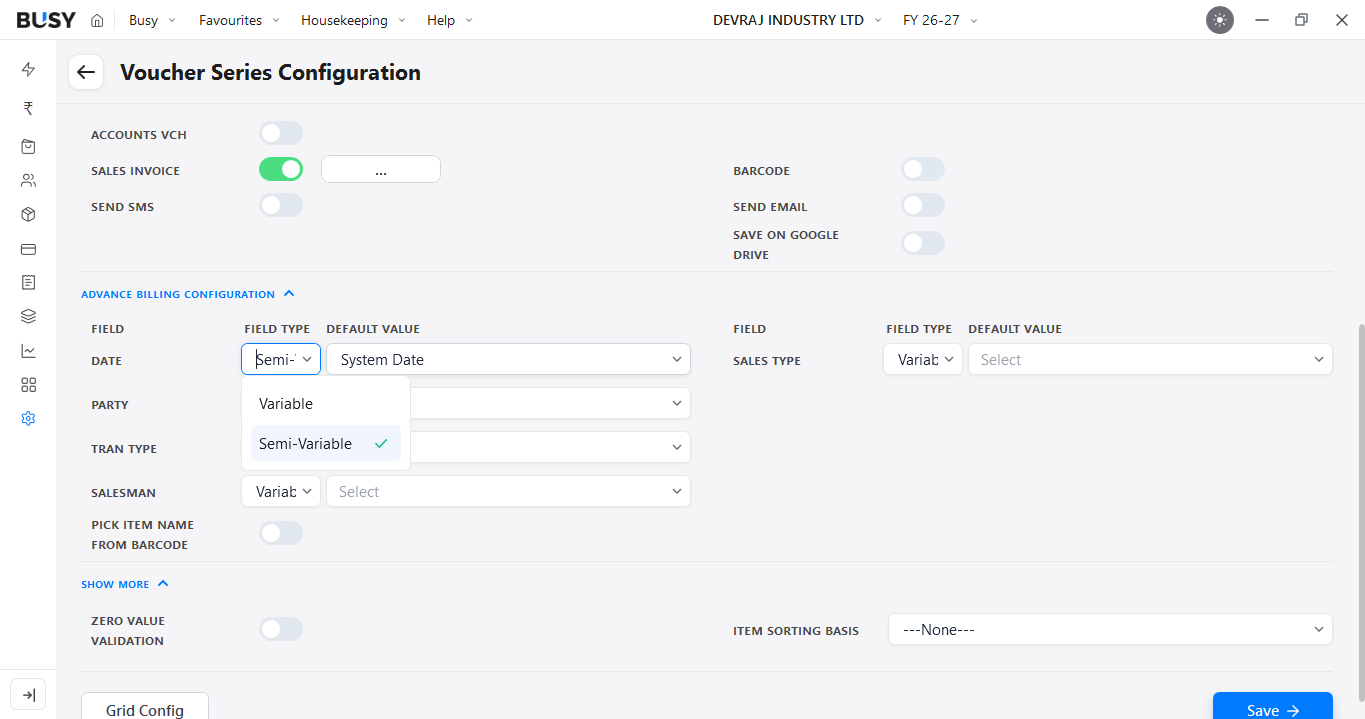 Advance Billing Configuration with date field type options