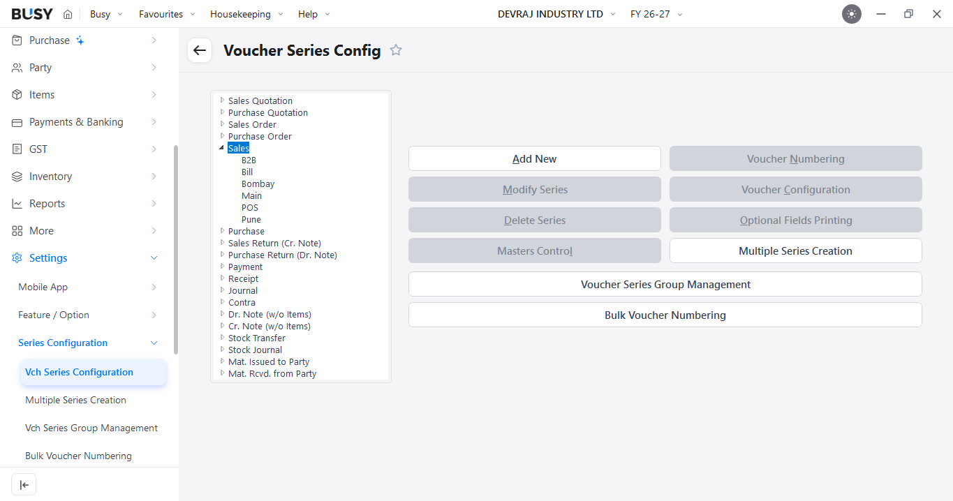 Voucher Series Configuration screen in BUSY