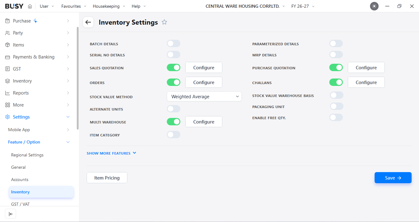 Multi-Warehouse option enabled in BUSY Inventory Settings
