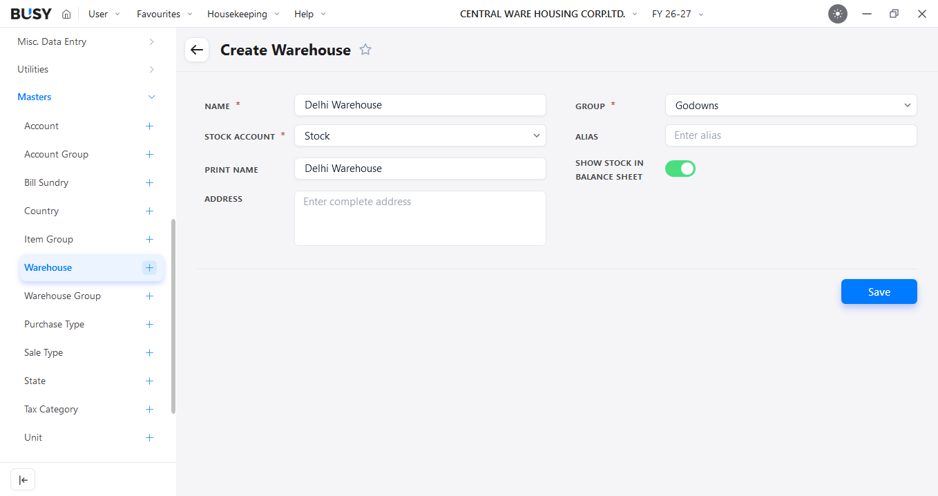 Creating a new warehouse master in BUSY