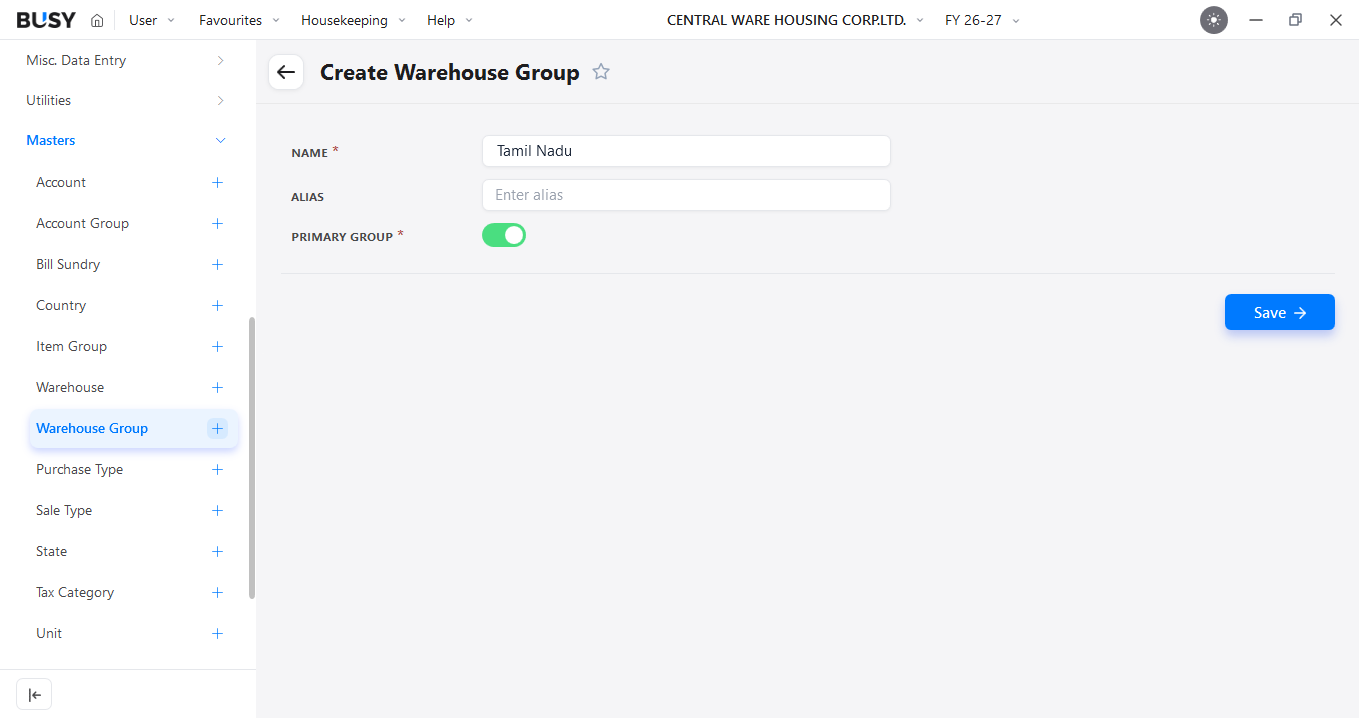 Creating a warehouse group in BUSY