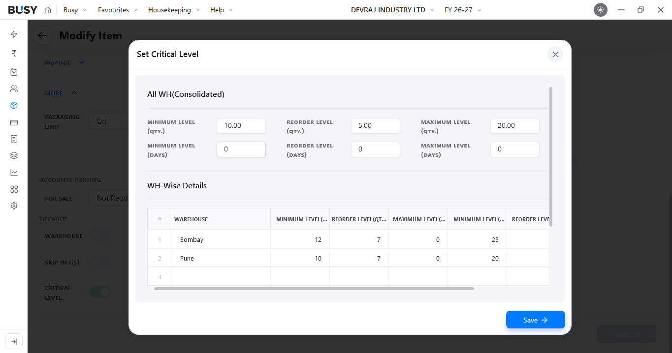 Warehouse-wise critical level configuration