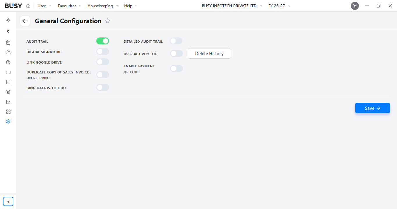 Audit Trail option enabled in General Configuration in BUSY