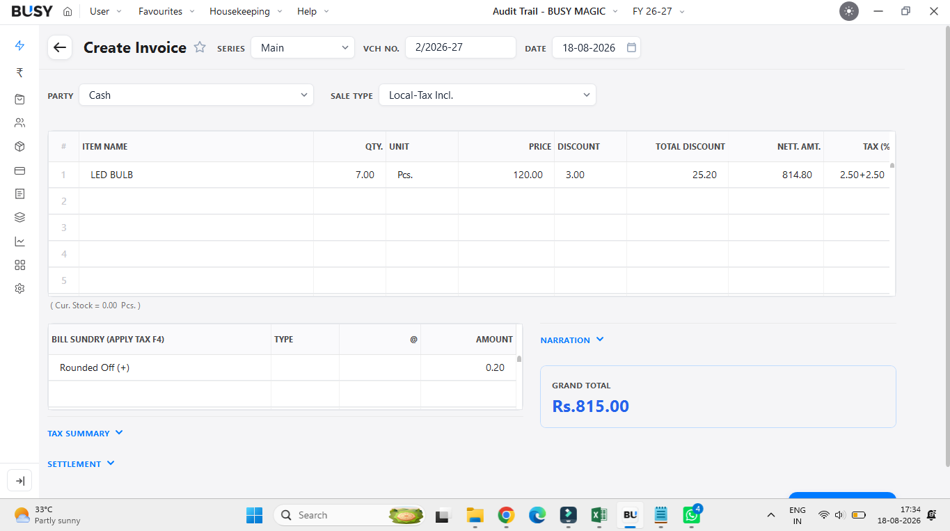 Creating a new sales invoice in BUSY