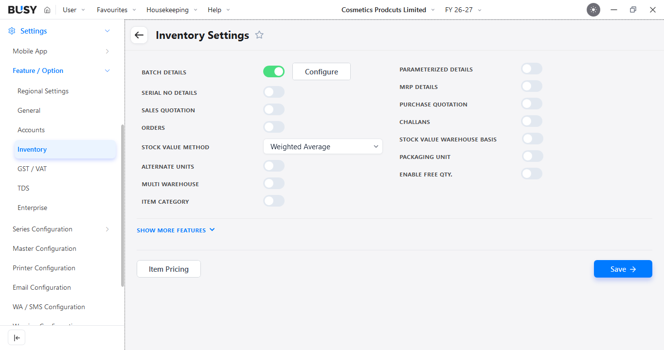 Batch Details enabled in BUSY Inventory Settings