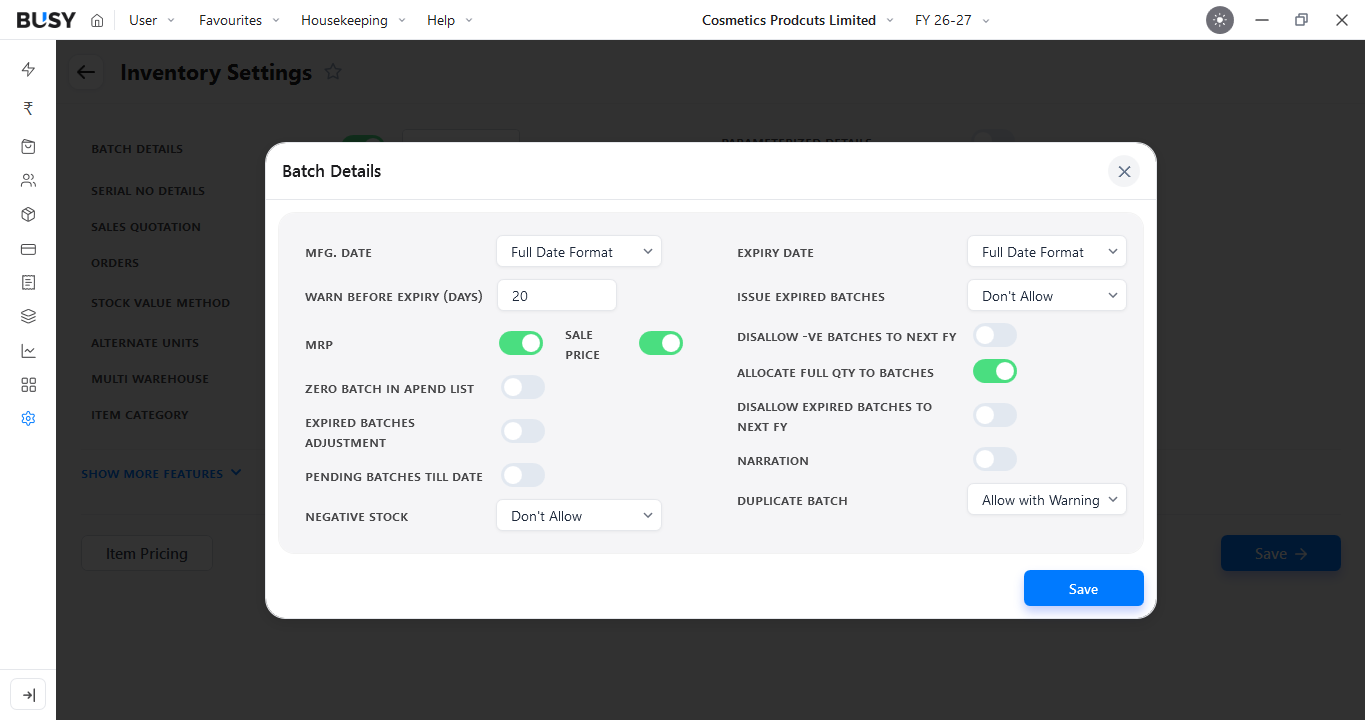 Batch Details configuration window with expiry and pricing options