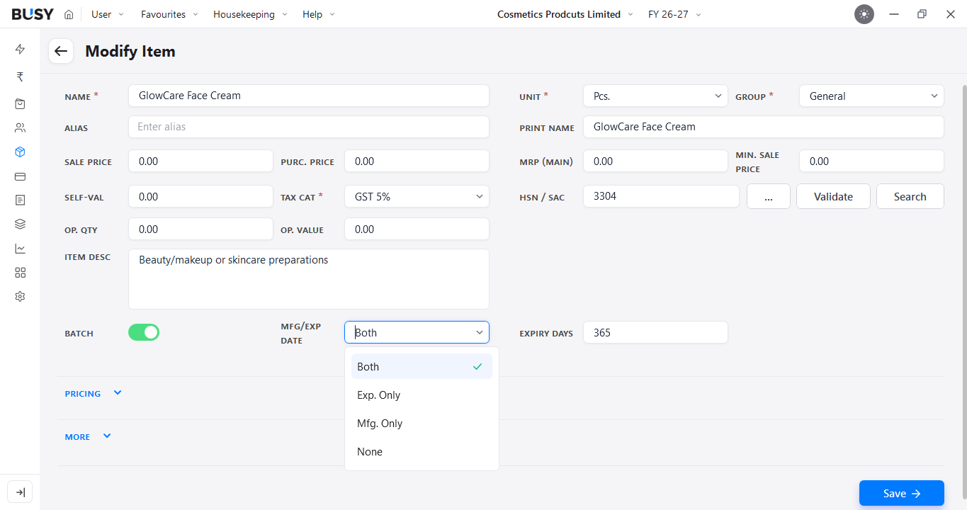 Batch option enabled for an item with manufacturing and expiry date settings