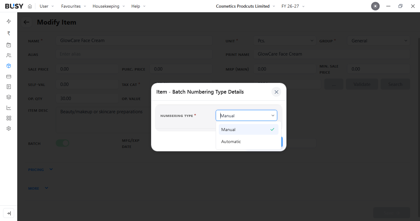 Batch Numbering Type Details window with manual and automatic options