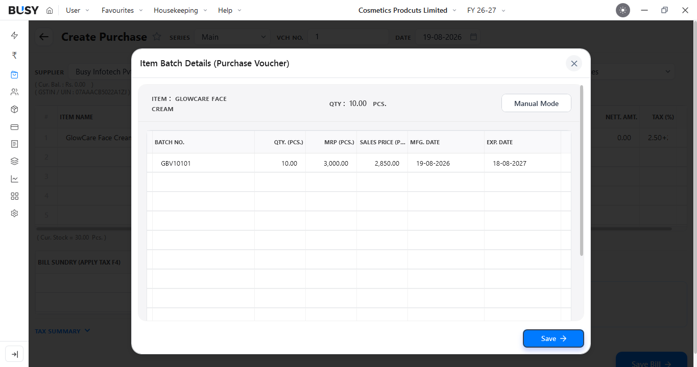 Creating a purchase voucher for a batch tracked item in BUSY