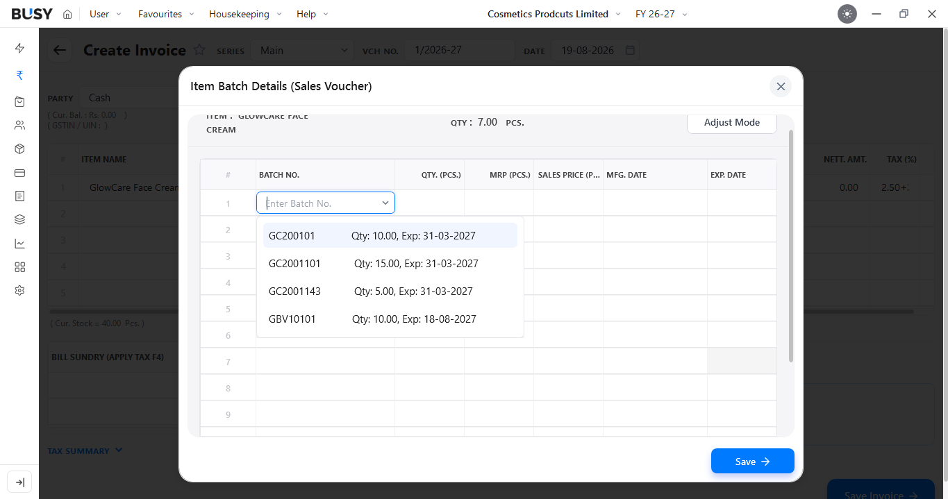 Selecting the batch to be issued in a sales voucher