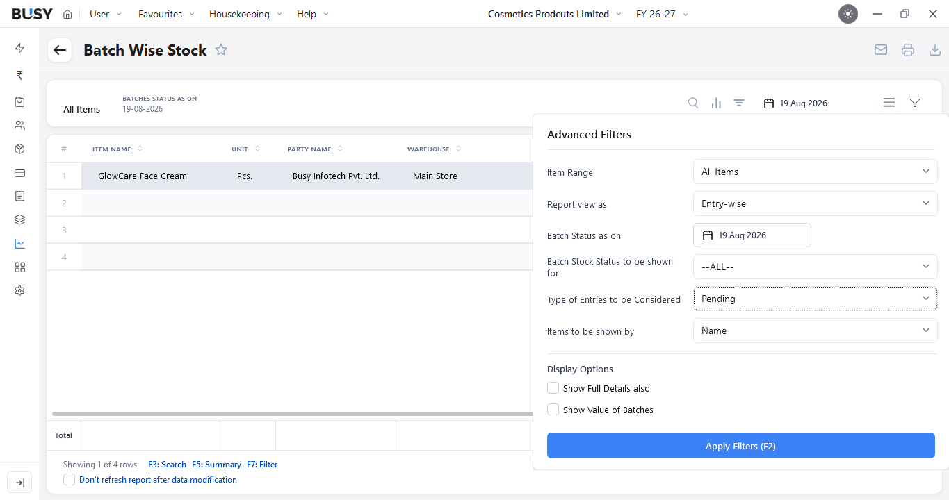 Advanced Filters in the batch wise stock report in BUSY