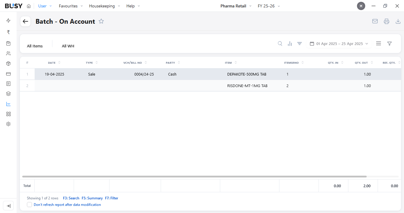 Batch - On Account report showing unallocated batch quantities