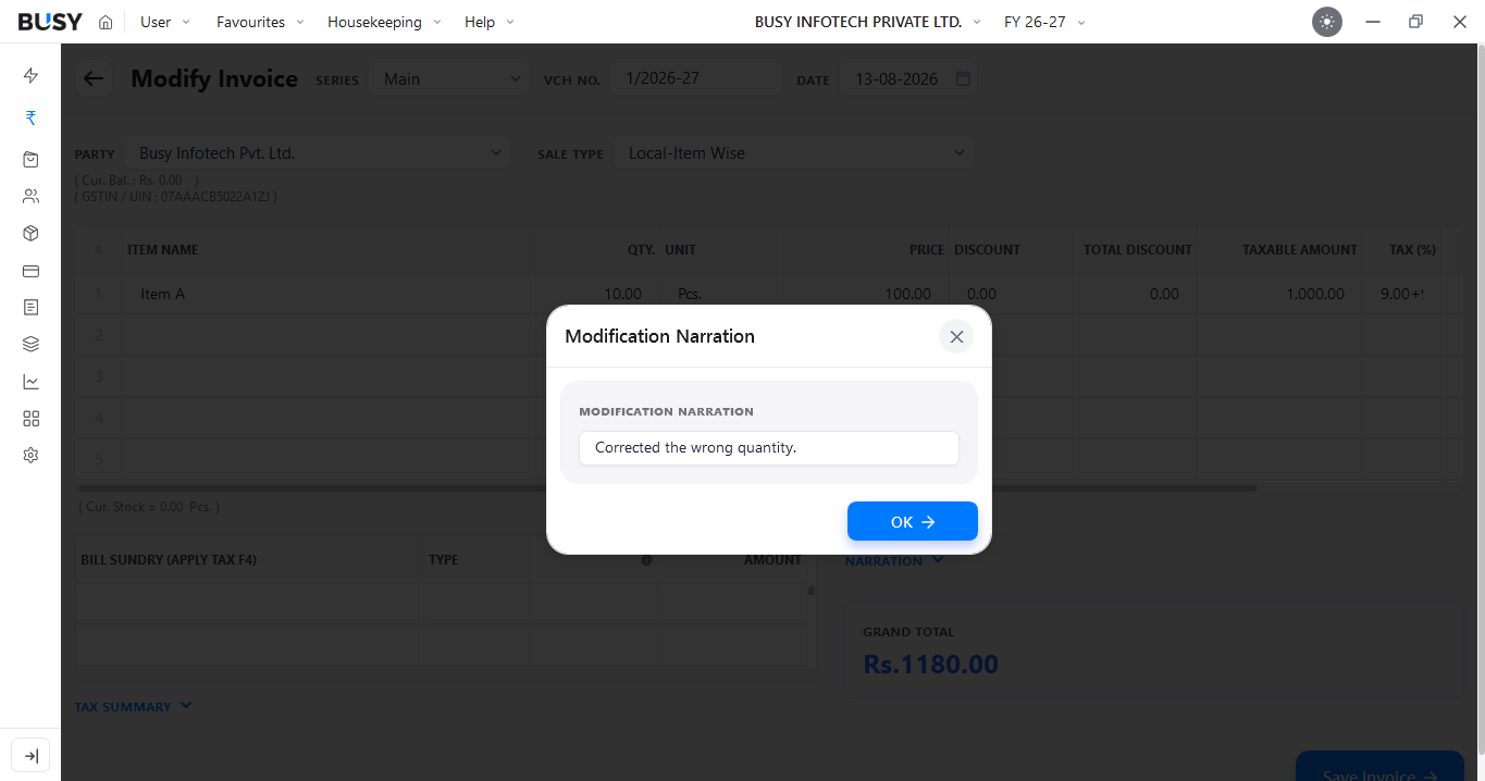 Modification Narration window while modifying a voucher in BUSY